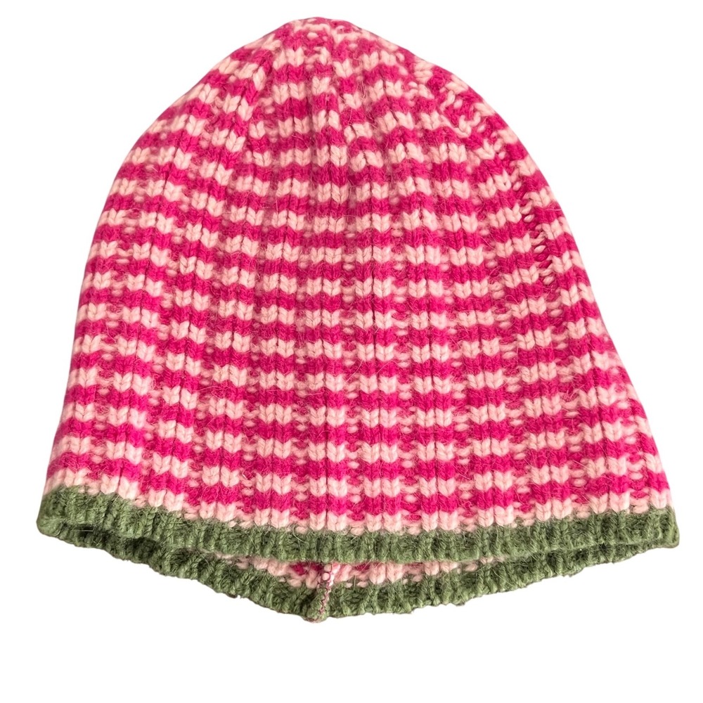 Robert Mackie Scotland Wool Angora Beanie Hat Pink Green Striped Watermelon UK